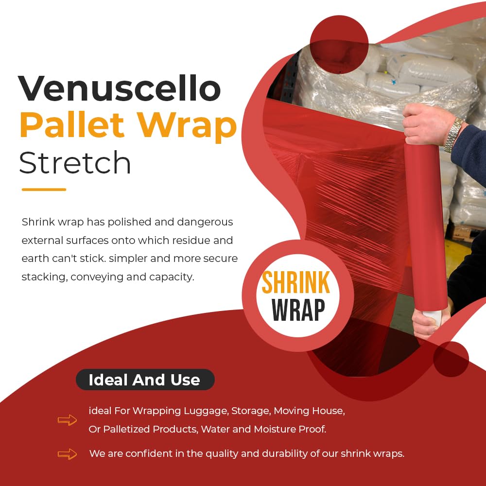 Venuscello® Pallet Stretch Wrapping Roll 400mm x 200m 20mu Red Extended Core Heavy Duty Shrink Wrap for Secure Packaging & Moving