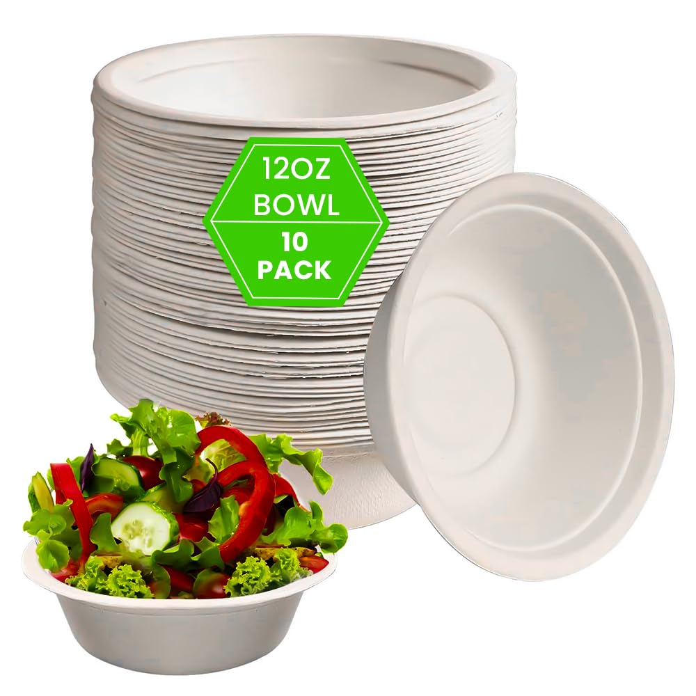 Venuscello White Round 350 ml (12oz) Bagasse Bowls Biodegradable Sugarcane Soup Bowls, Compostable Dessert Bowls for Parties Events, and Everyday Use
