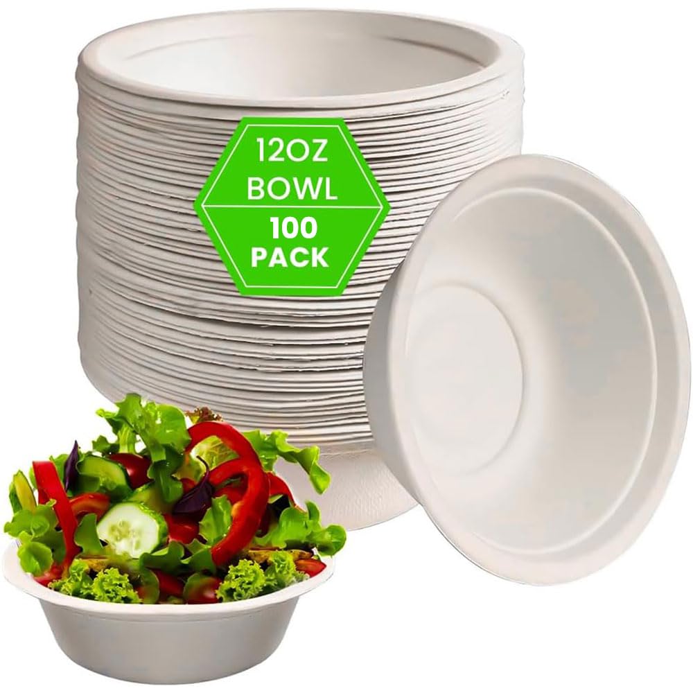 Venuscello White Round 350 ml (12oz) Bagasse Bowls Biodegradable Sugarcane Soup Bowls, Compostable Dessert Bowls for Parties Events, and Everyday Use