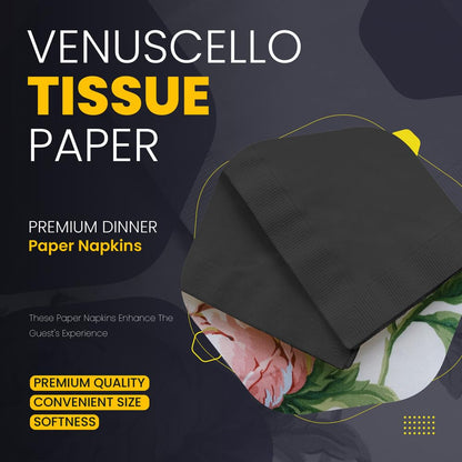 Venuscello® Black Serviettes Tissues Paper Napkin 2ply Serviettes, Disposable & Recyclable, Tissue for Wedding, Birthday Party - 24cm x 24cm