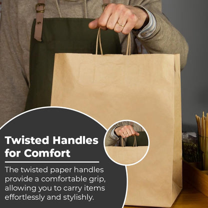 Venuscello Twisted Handle Paper Bags 25.4cm x 31.49cm x 12.19cm Brown Kraft Carrier Party Bag for Shopping Cloths & Jewellery - 10 x 12.4 + 4.8 Inch (LARGE)