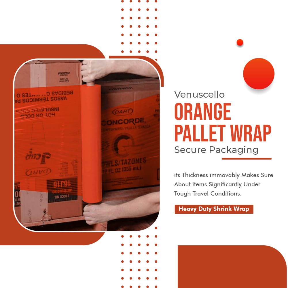Venuscello 1 Roll x 400mm Pallet Wrap Orange Stretch Shrink Wrapping Roll | Extended Core 25mu Thick, 200m Cling Film | Water Proof & Tear Resistant for Secure Industrial Packaging