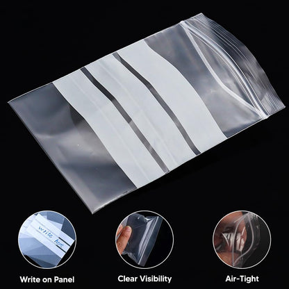 Venuscello Write on Panel Grip Seal Clear Plastic Polythene Resealable Ziplock Bags for Cookies, Jewelry & Food Storage