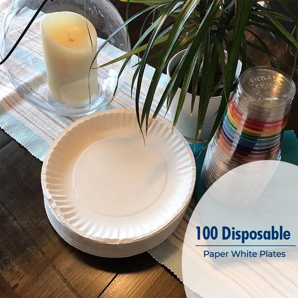 Venuscello® 100 x Disposable Plastic Cutlery Party Tableware Set Banquet Roll Paper Plates 3 Section Plastic Dishes Cups & Napkins for Catering Supply
