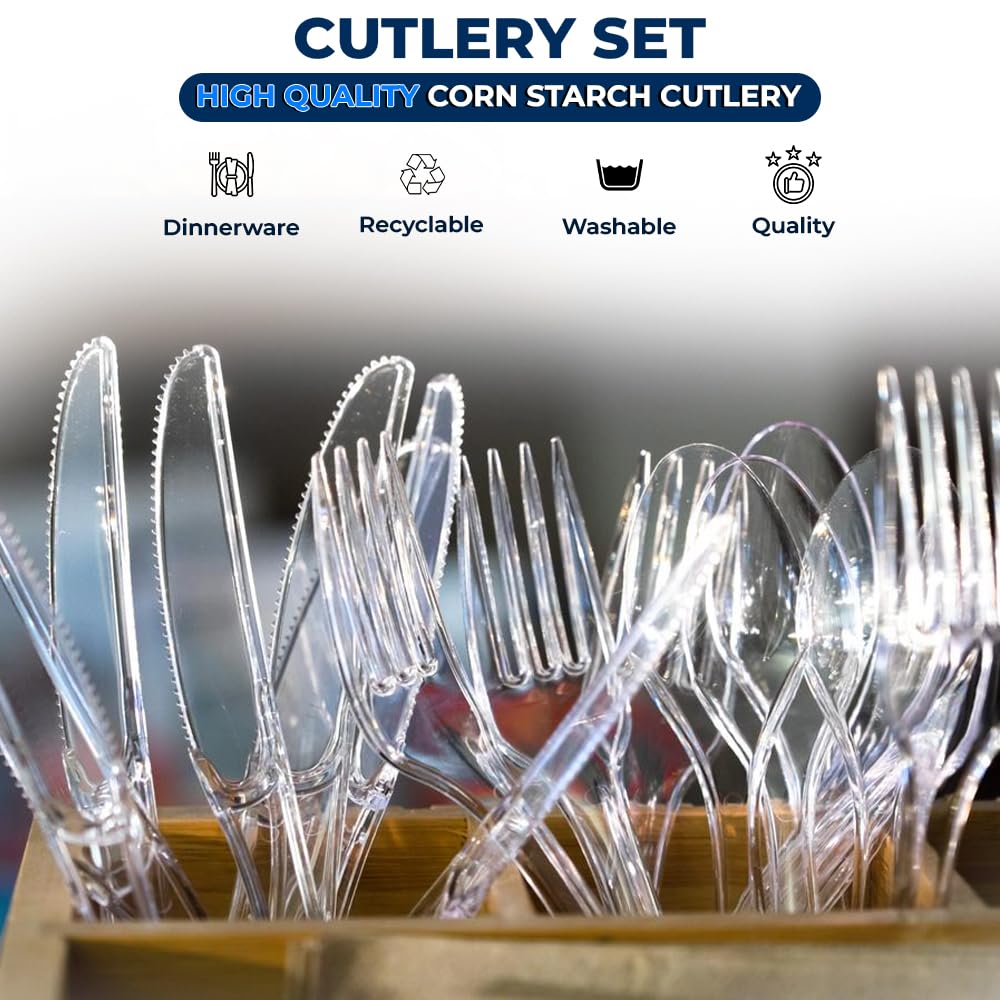 Venuscello Tithe Clear Heavy Duty Plastic Cutlery Set Washable Reusable Ideal for Party | Kid's Parties | Buffets | Picnics | BBQ's | Weddings | Camping