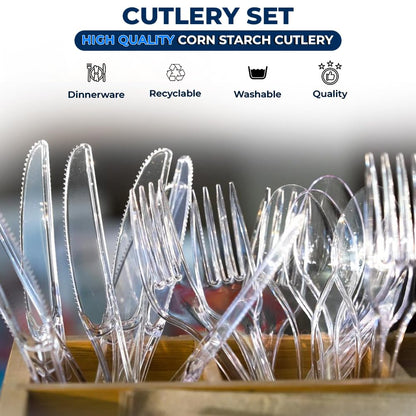 Venuscello Tithe Clear Heavy Duty Plastic Cutlery Set Washable Reusable Ideal for Party | Kid's Parties | Buffets | Picnics | BBQ's | Weddings | Camping and packaging.