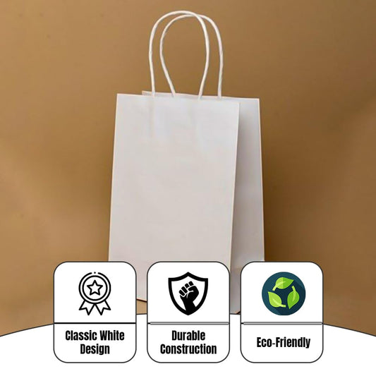 Venuscello Twisted Handle Paper Bags 19.30cm x 21.84cm x 8.12cm White Kraft Carrier Party Bag for Shopping Cloths & Jewellery - 7.6 x 8.6 + 3.2 Inch (XS)