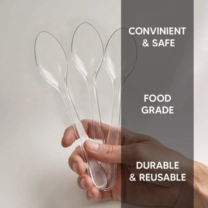 Venuscello Tithe Clear Heavy Duty Plastic Cutlery Set Washable Reusable Ideal for Party | Kid's Parties | Buffets | Picnics | BBQ's | Weddings | Camping - Featuring durable spoons.