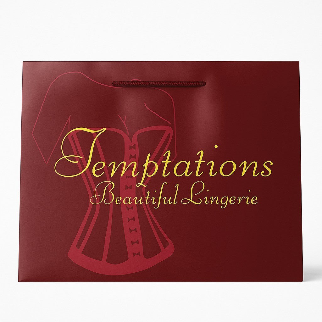 100 x Temptations Printed Burgundy Twisted Handle Paper Bags 30cm x 24cm x 12cm