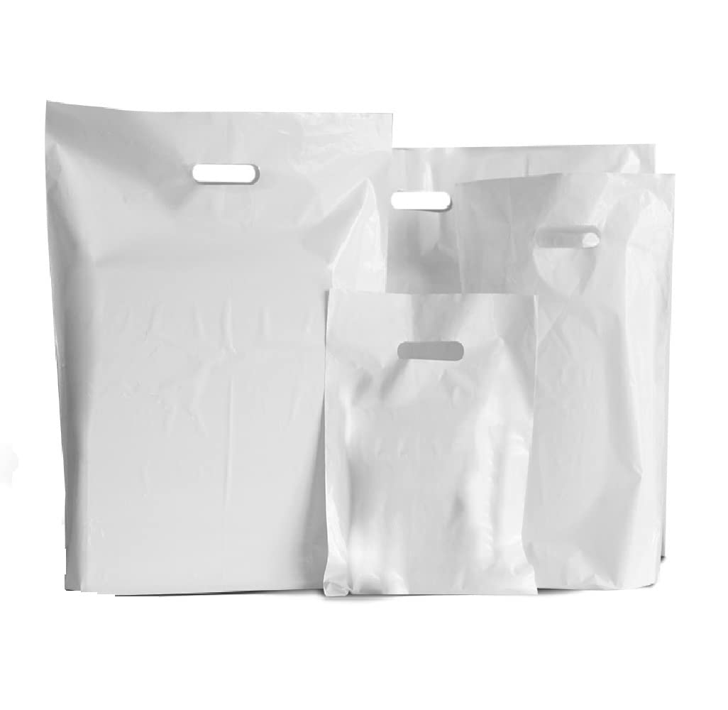 Venuscello® 100 x White Patch Handle Carrier Bags Plastic Die Cut Handle Carrier Bag for Apparel Jewellery Gifts