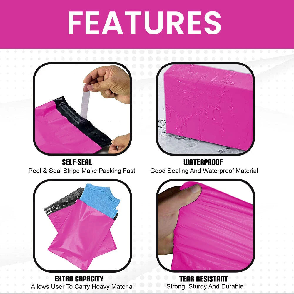 100 x Polythene Mailing Bags Self Seal Pink Postage Bag 10" x 14" / 12" x 16"