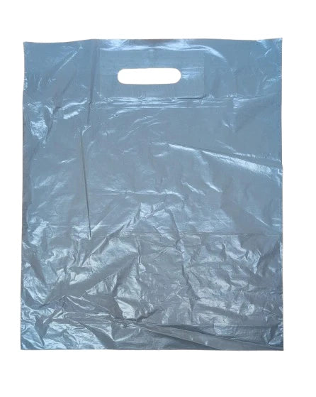 500 x Patch Handle Carrier Bags Grey Plastic Takeaway Carry Bags 15" x 18" x 3"