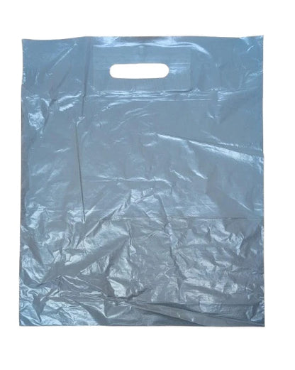 500 x Patch Handle Carrier Bags Grey Plastic Takeaway Carry Bags 15" x 18" x 3"