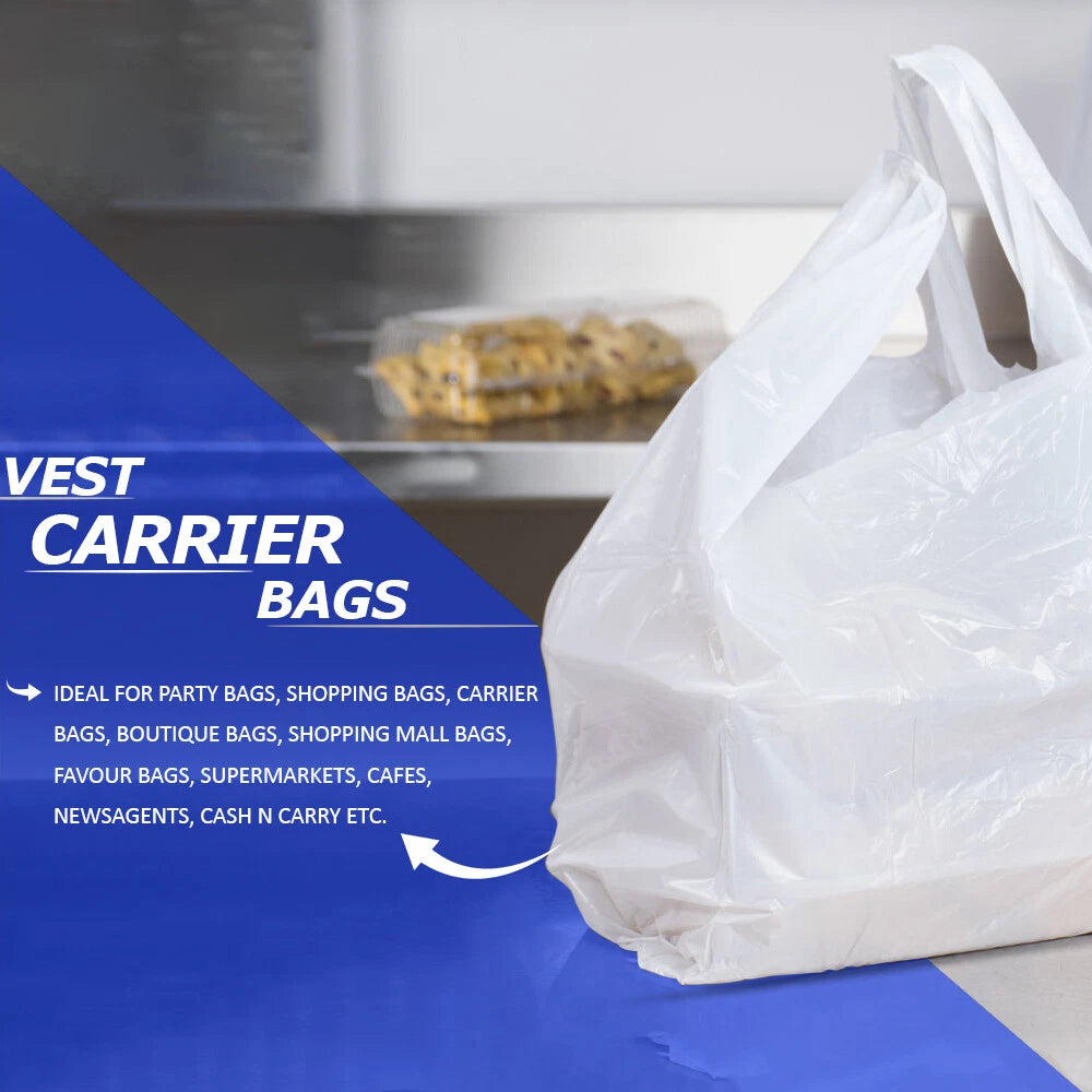 Vest Carrier Bags Reusable White Plastic Carry Bags 16" x 24" x 29" 22mu