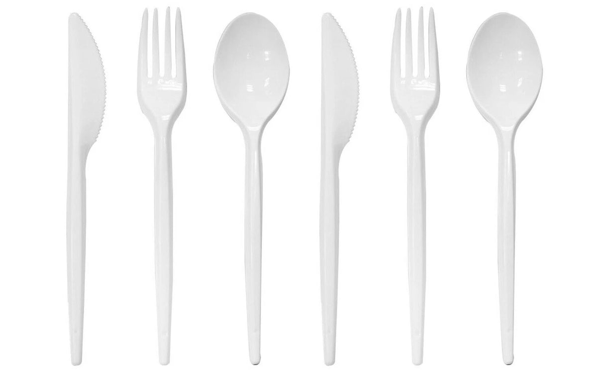 Plastic Cutlery Set White Heavy Duty Reusable Spoons Forks Knives Mix Tithe