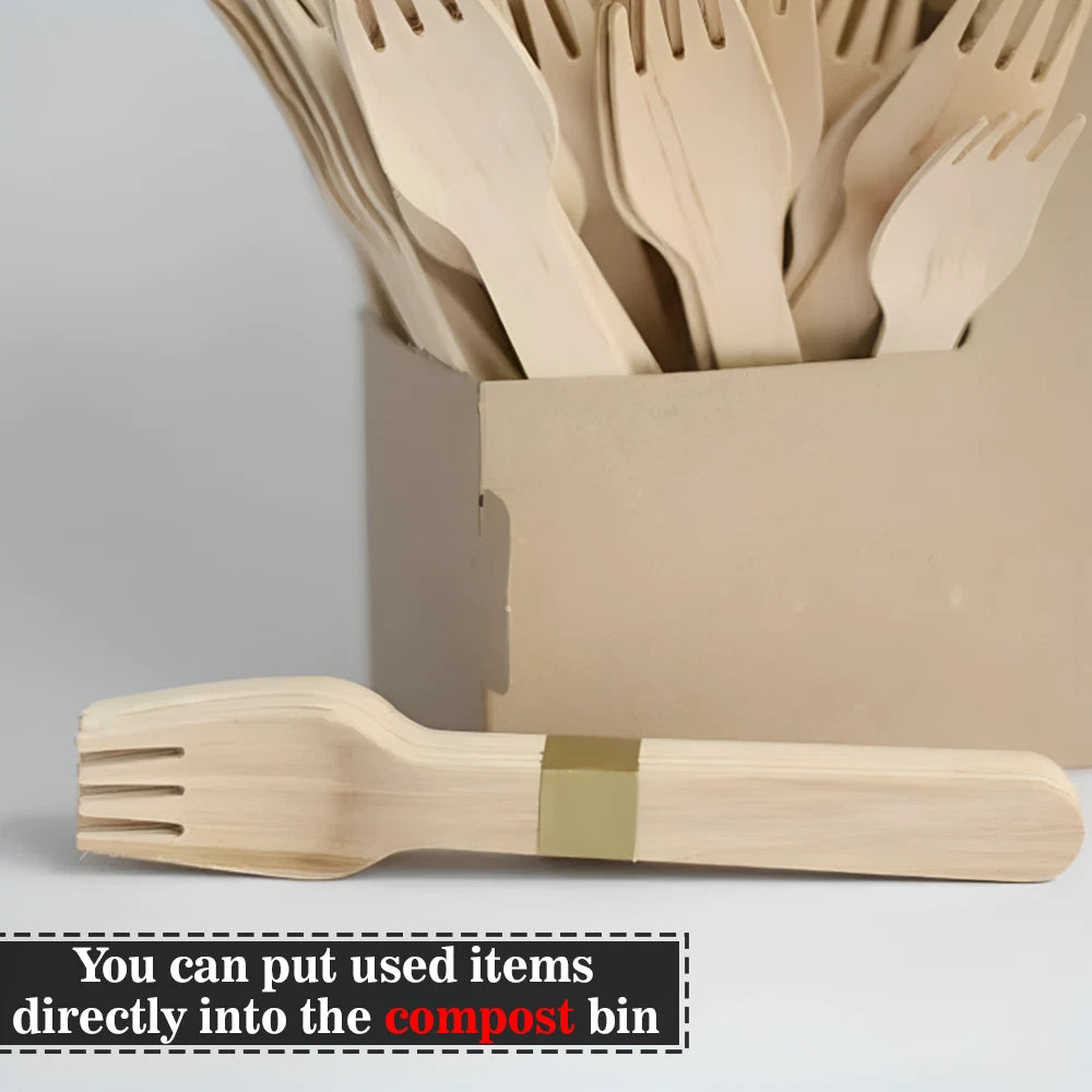 1000 x Biodegradable Wooden Forks Compostable Lightweight Wooden Cutlery Set
