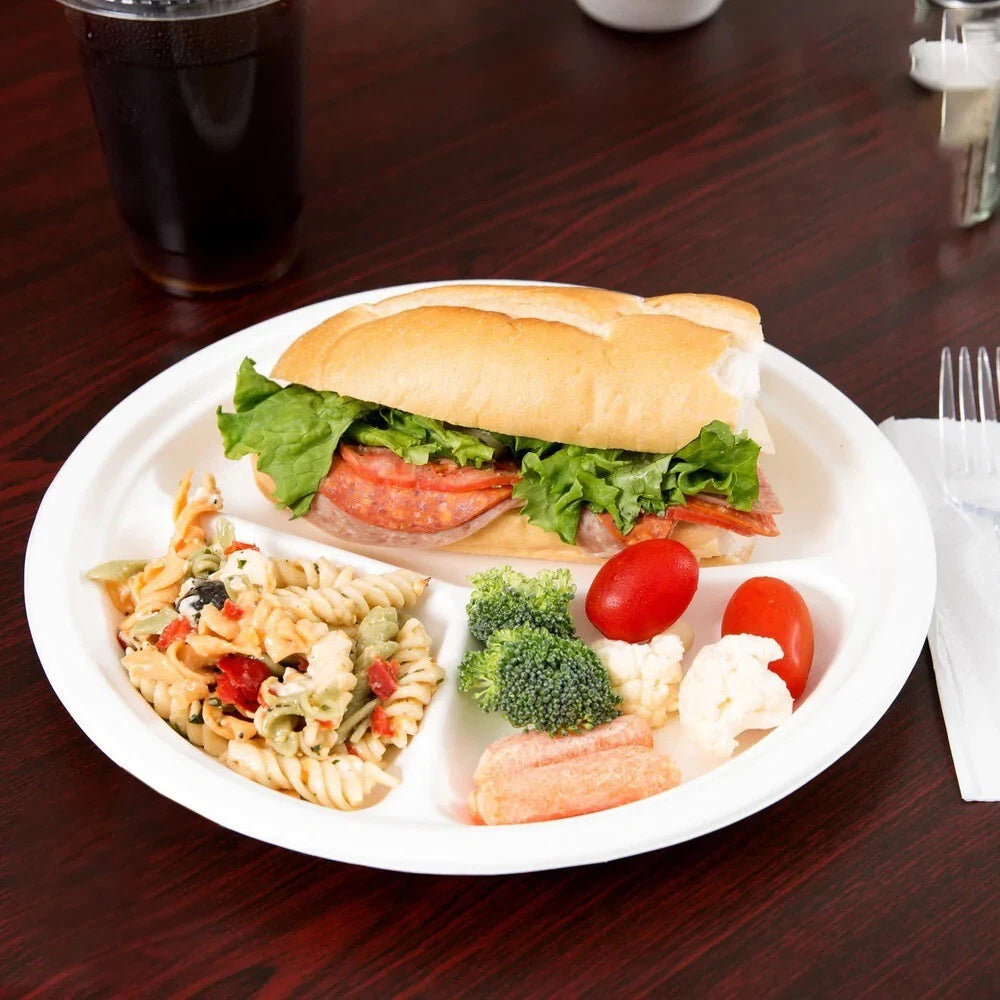 50 x Bagasse Section Plates 10" (26cm) Biodegradable White Compartment Plate