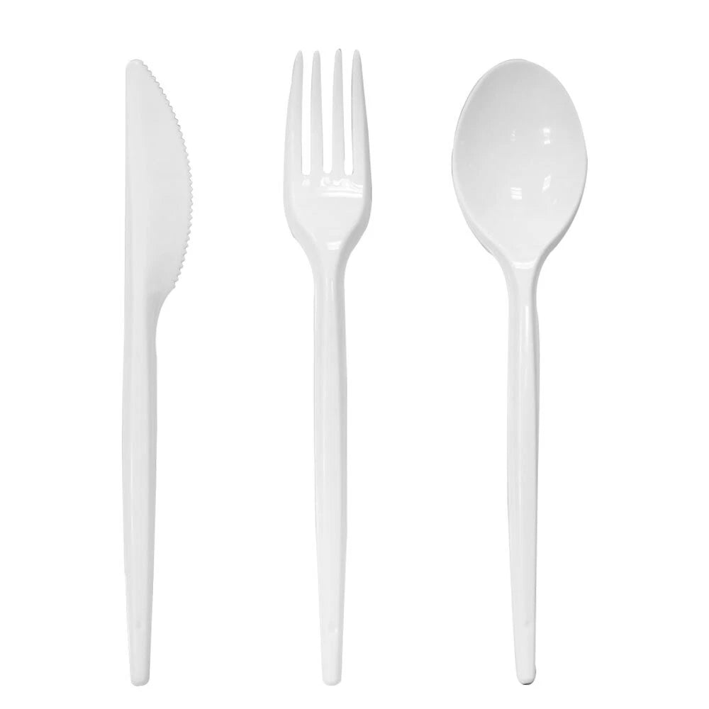 Plastic Cutlery Set White Heavy Duty Reusable Spoons Forks Knives Mix Tithe