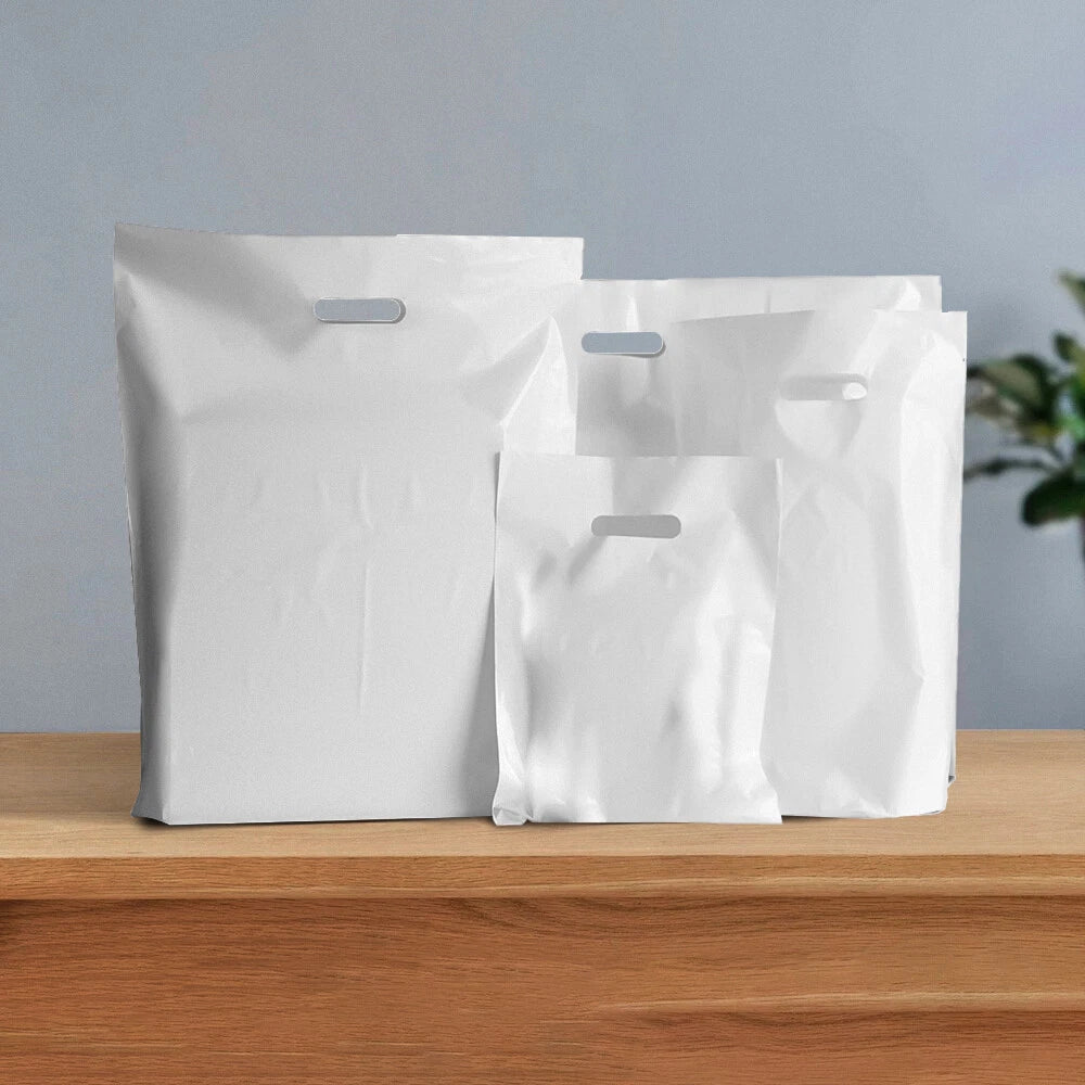 Patch Handle Carrier Bags White Plastic Carry Bag for Clothes 12" x 12" x 4"