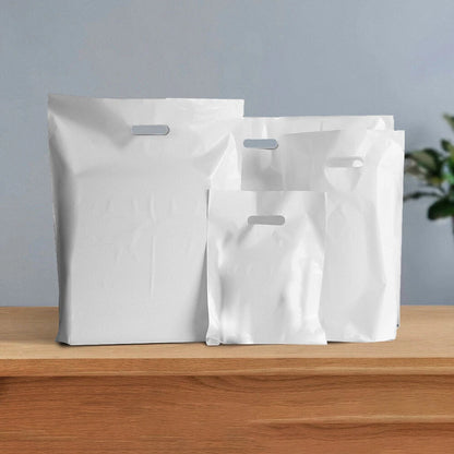 Patch Handle Carrier Bags White Plastic Carry Bag for Clothes 12" x 12" x 4"
